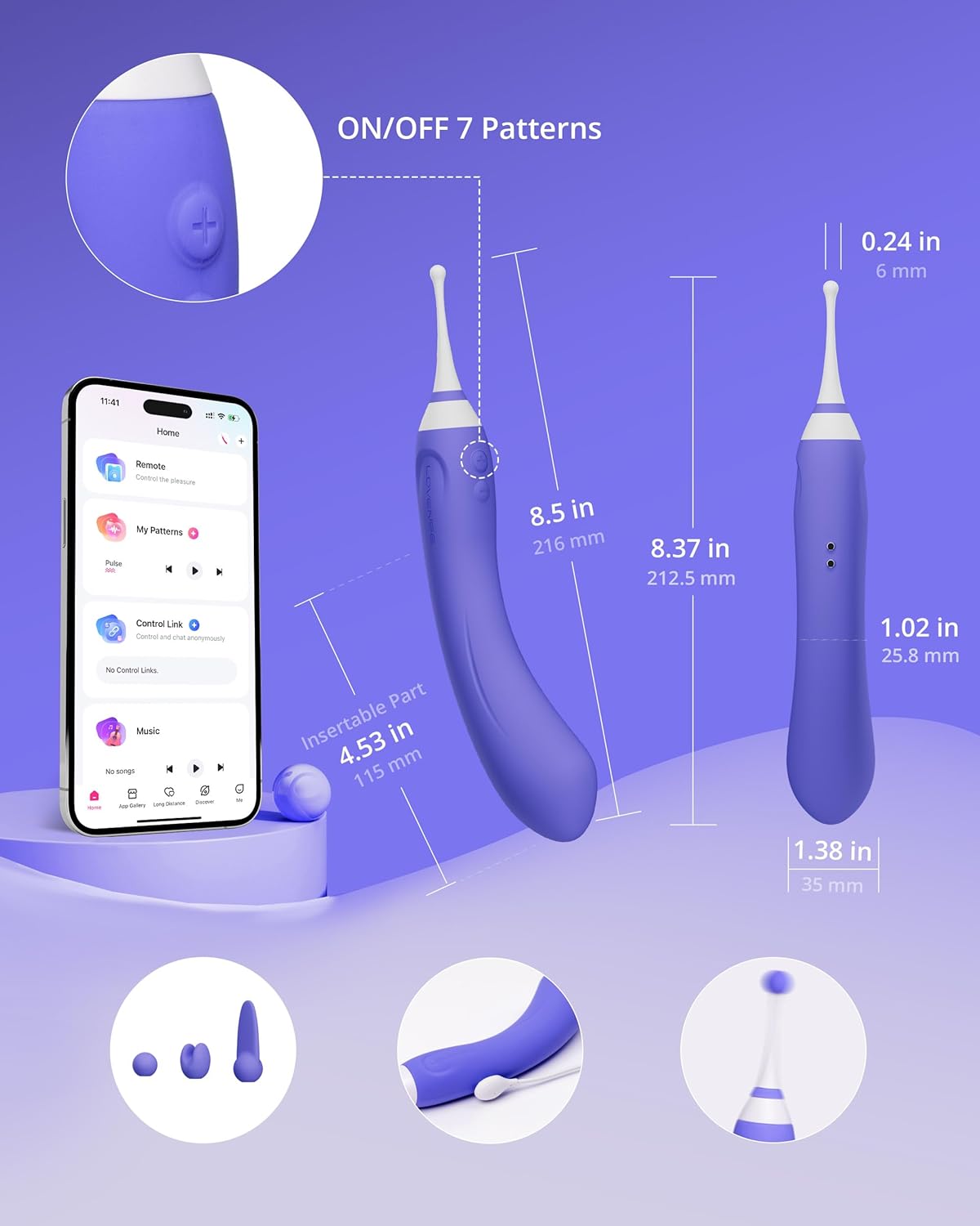 LOVENSE Hyphy Dual-Ended G-Spot & Clitoral Vibrator – App-Controlled High-Frequency Vibrator with 3 Stimulating Attachments for Women