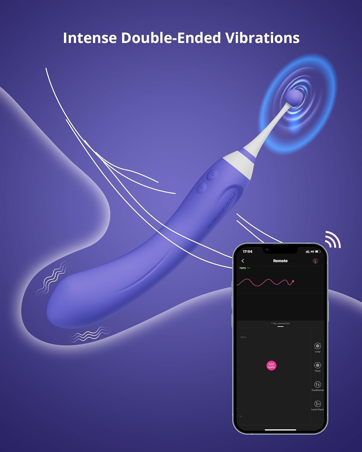 LOVENSE Hyphy Dual-Ended G-Spot & Clitoral Vibrator – App-Controlled High-Frequency Vibrator with 3 Stimulating Attachments for Women